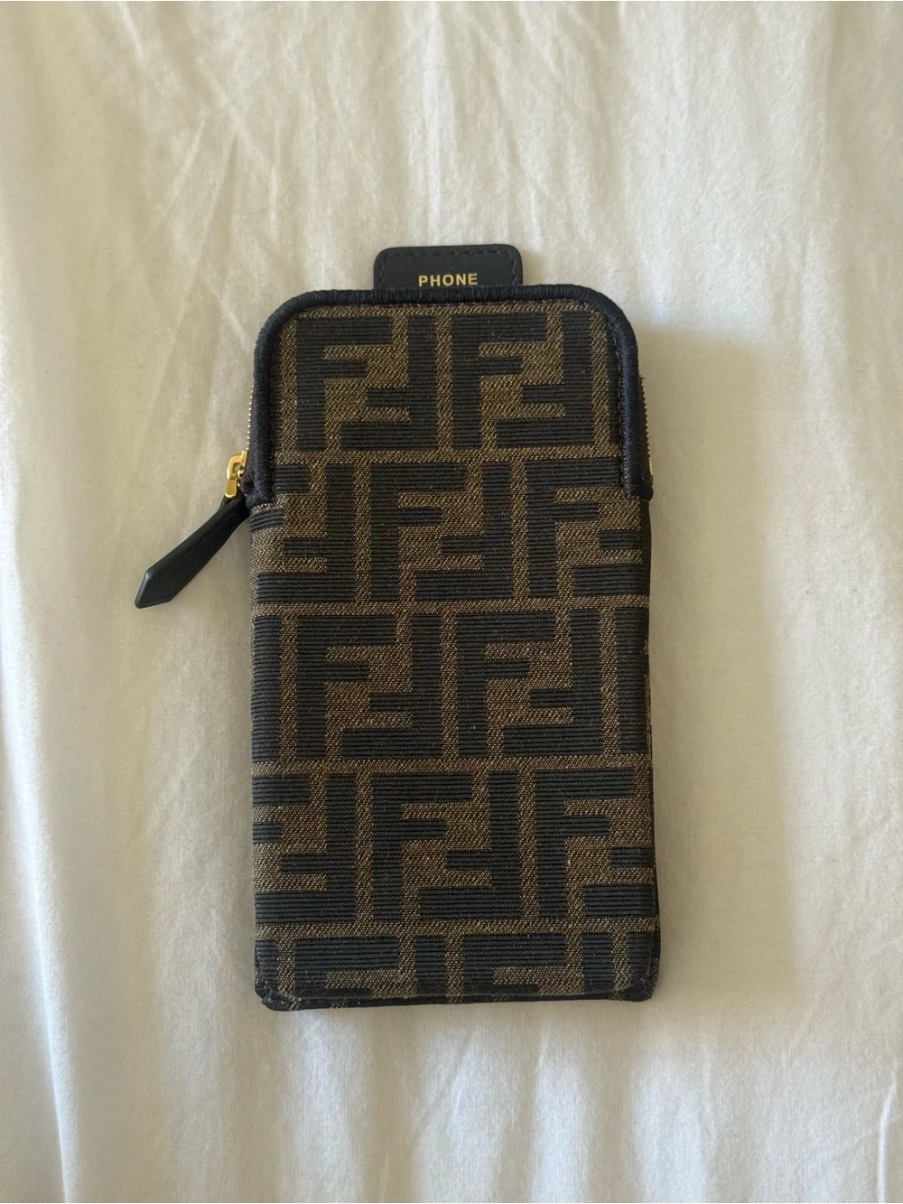 Fendi Brown & Black FF Logo Zip Phone Pouch
